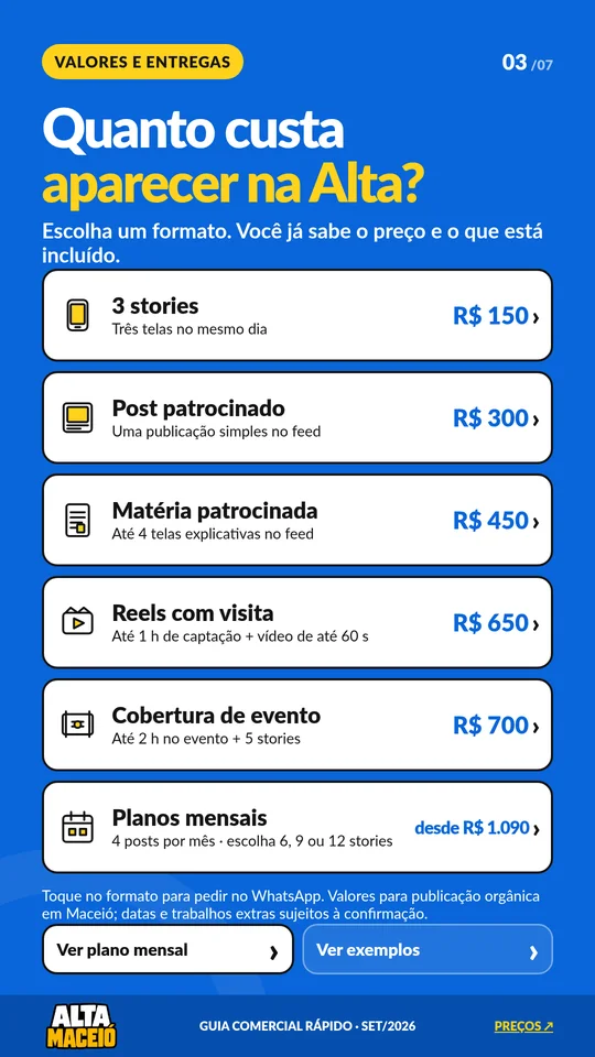 Página de preços do catálogo da Alta